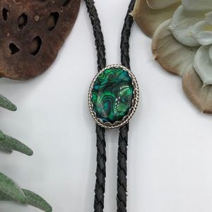 Abalone Bolo Tie With Braided Black Leather Cord And Silver Tone Aiguillettes